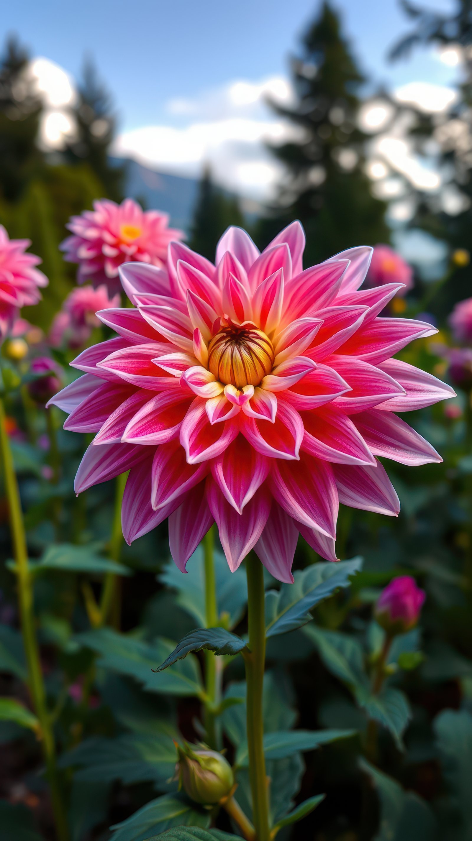 A pink dahlia with white streaks blooms in a garden with a mountain in the background